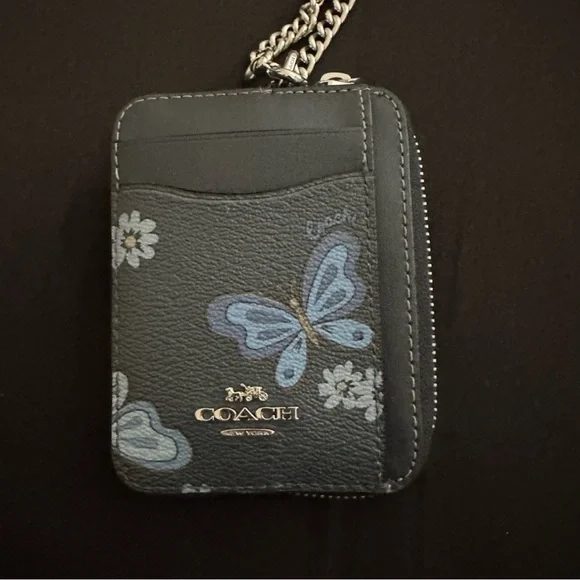 Coach Black Card Holder with Blue Butterfly and Floral Design - Picture 1 of 2